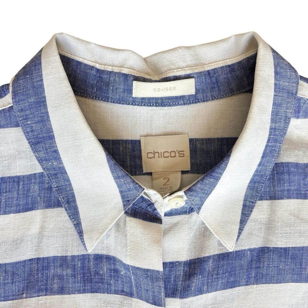 Chicos No Iron Linen Button Down Shirt Blouse. Sz‎ 2 / L Striped 3/4 Sleeve - Picture 2 of 11